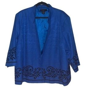 NEW Silk Land Blue Blazer Women's 3X Open Front 100% Silk Black Embroidered Trim